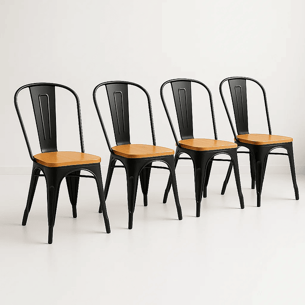 Pack de 4 sillas Tolix con asiento de madera Clara - Negras 1