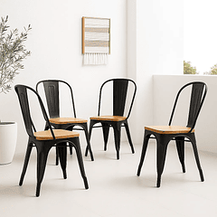 Pack de 4 sillas Tolix con asiento de madera Clara - Negras