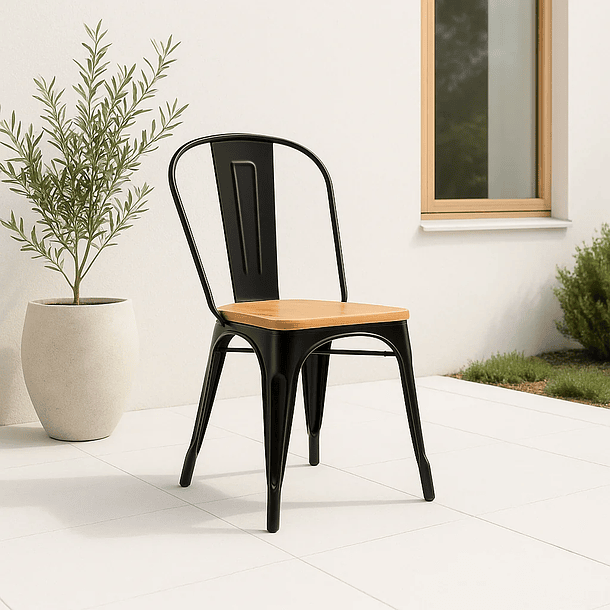 Silla Tolix de Comedor o Terraza Exterior con asiento de madera Clara - Negra 2