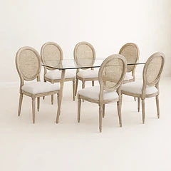 Comedor Mesa de Vidrio Rectangular Nórdica 140x90 cm + 6 Silla de Madera Acolchada Luis XV