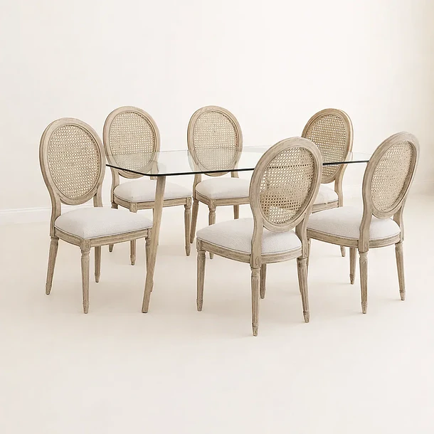 Comedor Mesa de Vidrio Rectangular Nórdica 140x90 cm + 6 Silla de Madera Acolchada Luis XV 1