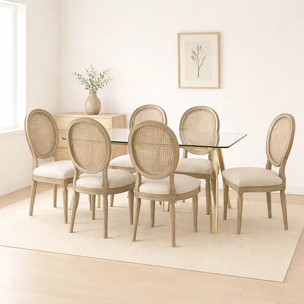 Comedor Mesa de Vidrio Rectangular Nórdica 140x90 cm + 6 Silla de Madera Acolchada Luis XV 2