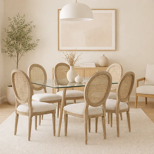 Comedor Mesa de Vidrio Rectangular Nórdica 140x90 cm + 6 Silla de Madera Acolchada Luis XV 3