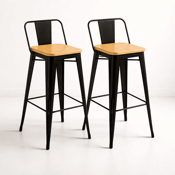 Pack de 2 Taburetes Tolix Con Asiento De Madera Clara - Negros 1
