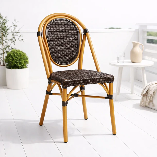 Silla de Exterior Estilo Francés con Marco Dorado y Ratán Oscuro 2