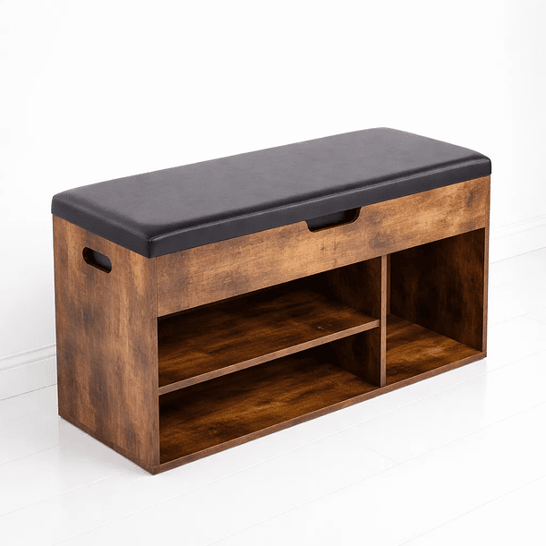 Banco Zapatero de Madera Rústica con Asiento Acolchado y Baúl de Almacenaje 1