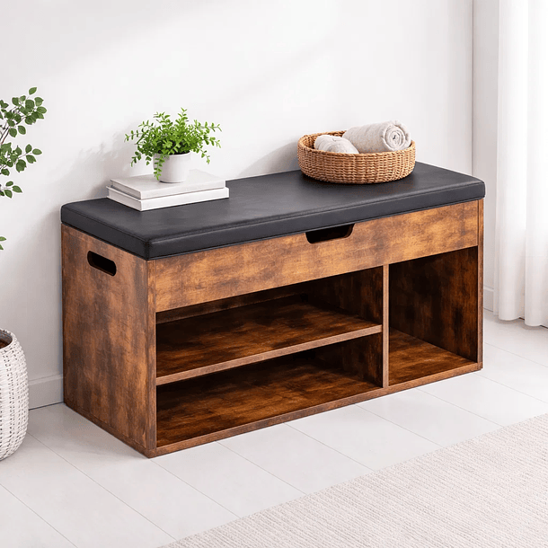 Banco Zapatero de Madera Rústica con Asiento Acolchado y Baúl de Almacenaje 2