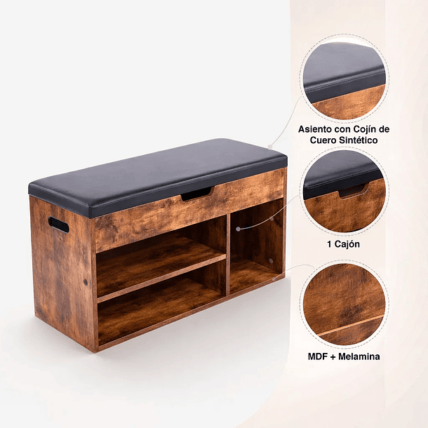 Banco Zapatero de Madera Rústica con Asiento Acolchado y Baúl de Almacenaje 5