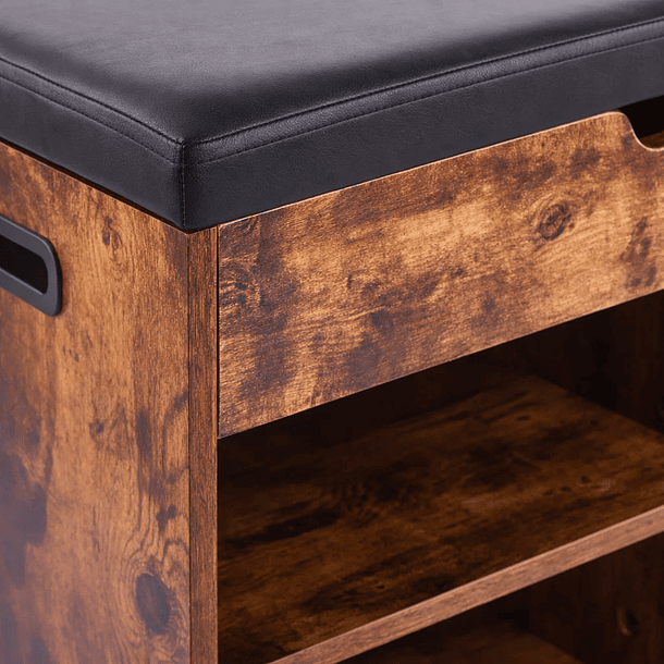 Banco Zapatero de Madera Rústica con Asiento Acolchado y Baúl de Almacenaje 6