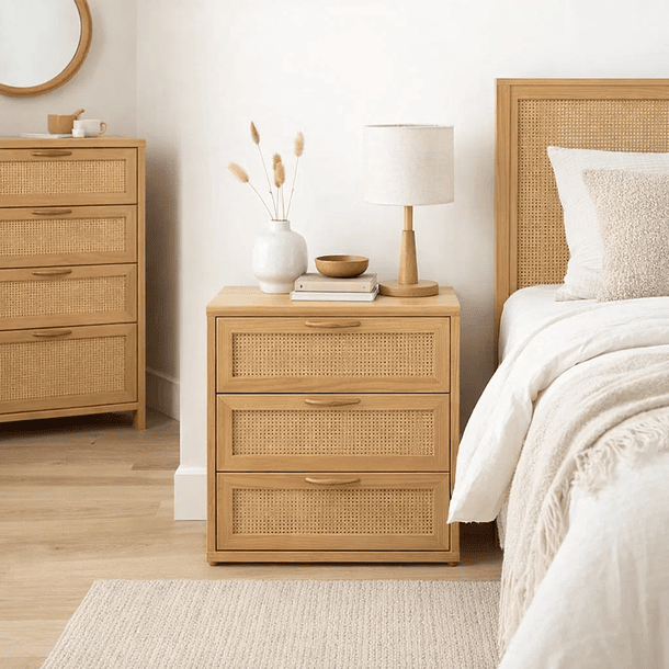Velador Calma Rattan de Madera Clara con Cajones de Ratán 3