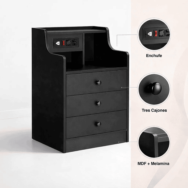Velador Urbano Smart con Enchufe Integrado Negro de 3 Cajones 5