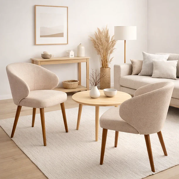 Silla Aura Tapizada en Tela Beige con Patas de Madera 3