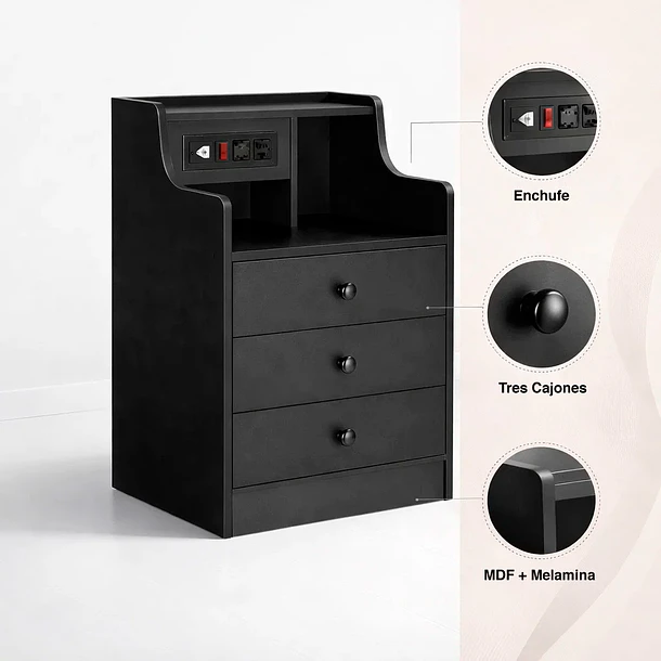 Velador Urbano Smart con Enchufe Integrado Negro de 3 Cajones 5