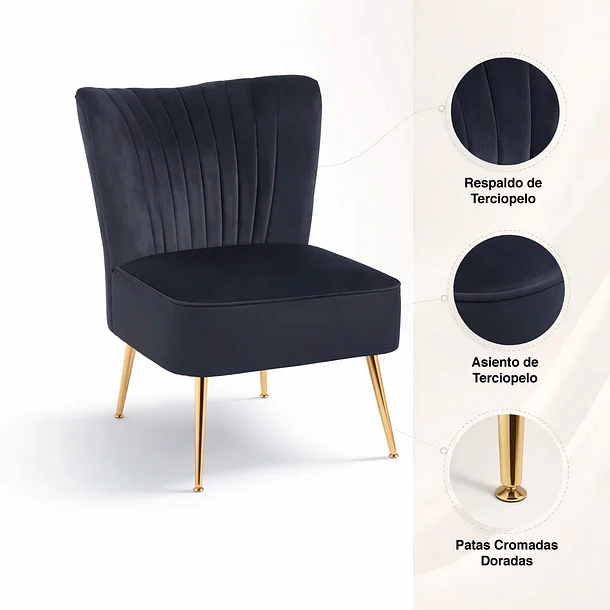 Sillón Glamour Noir con Patas Doradas - Negro 5