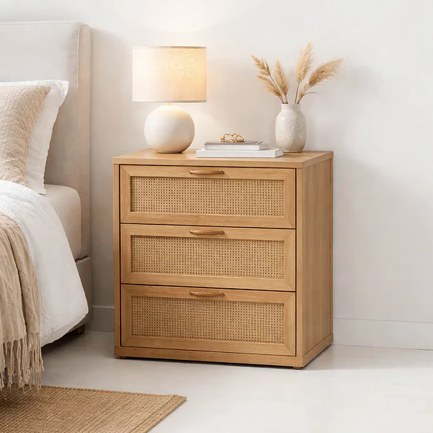 Velador Calma Rattan de Madera Clara con Cajones de Ratán 2