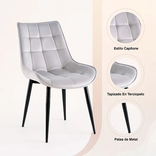 Pack de 2 Sillas de Comedor Macron Acolchada Terciopelo - Gris 5