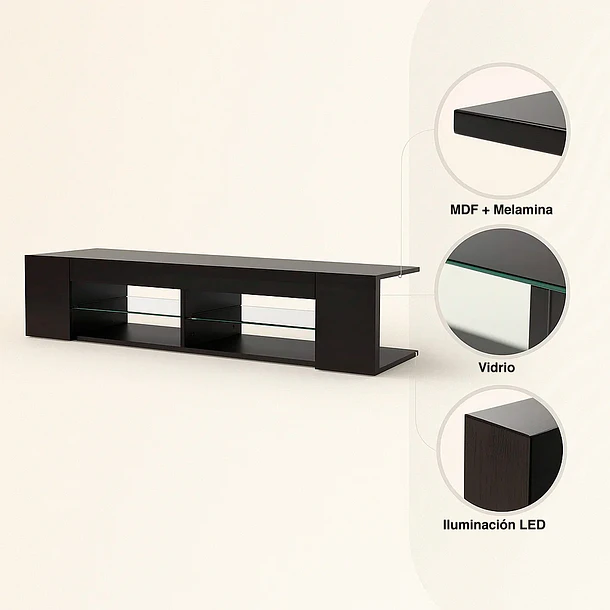 Mueble de TV Moderno Negro con Luces LED y Compartimentos 5