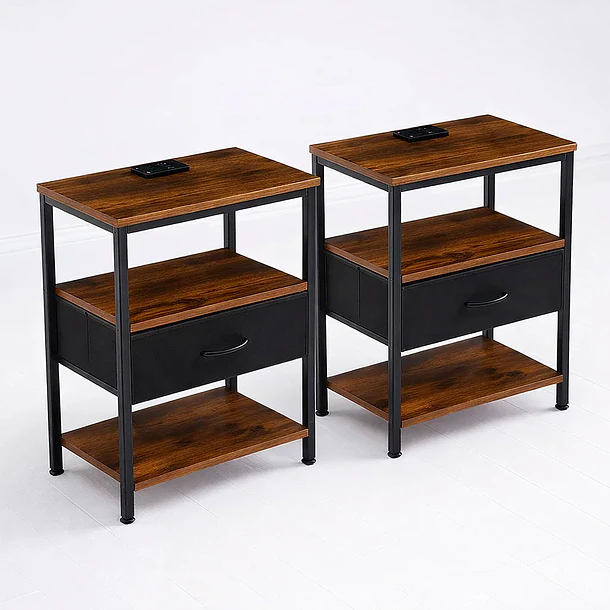 Pack de 2 Veladores Estilo Industrial Black Wood 50x30x61 1