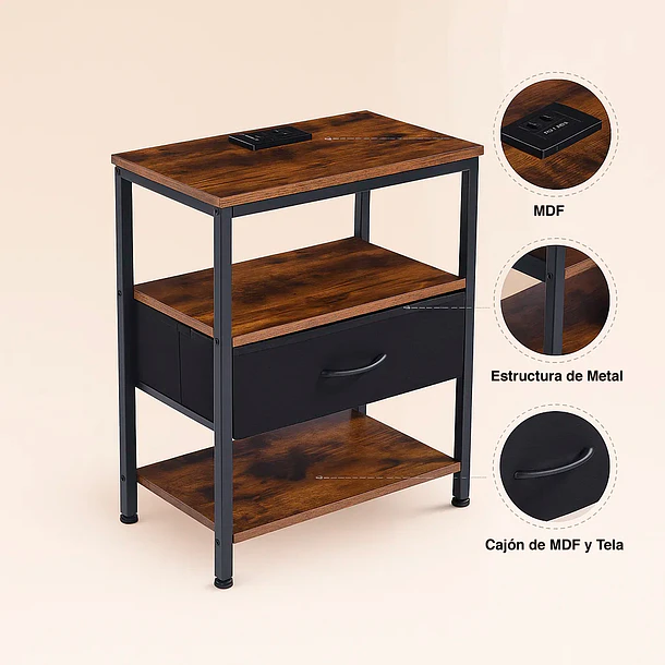 Pack de 2 Veladores Estilo Industrial Black Wood 50x30x61 5