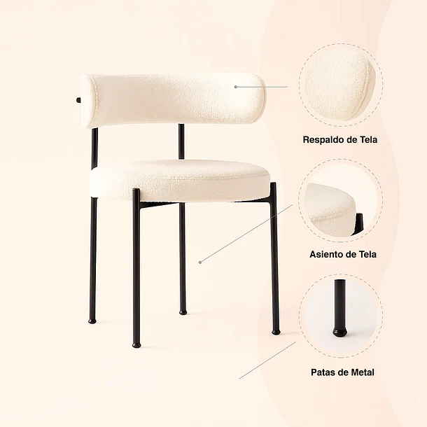 Pack de 2 Sillas Teddy de Tela con Patas Metálicas Negras - Crema 5