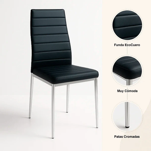 Silla Dining Acolchada Liana con patas cromadas - Negra 5