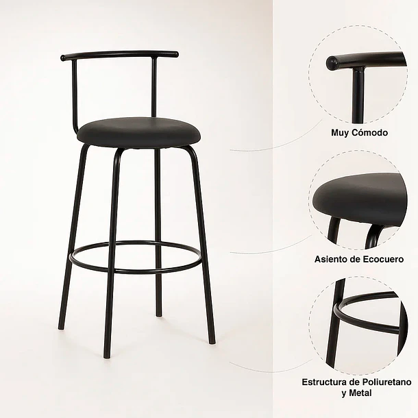 Pack de 2 Taburetes Altos Oslo Metal y Cuero Sintético - Negro 5