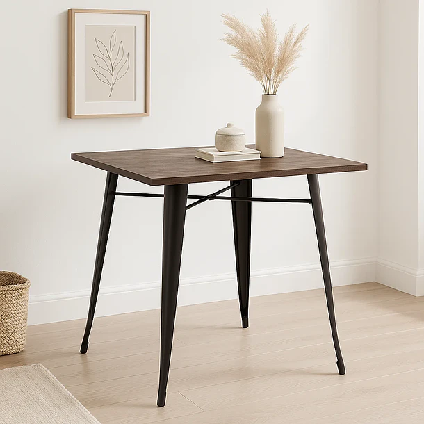 Mesa Tolix restaurant cuadrada negra 80x80 con cubierta de Madera Oscura Walnut 4