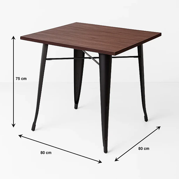 Mesa Tolix restaurant cuadrada negra 80x80 con cubierta de Madera Oscura Walnut 6