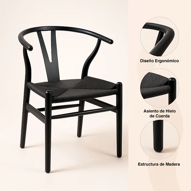 Pack 2 Sillas Wishbone Rattan - Negra con hilo negro 5