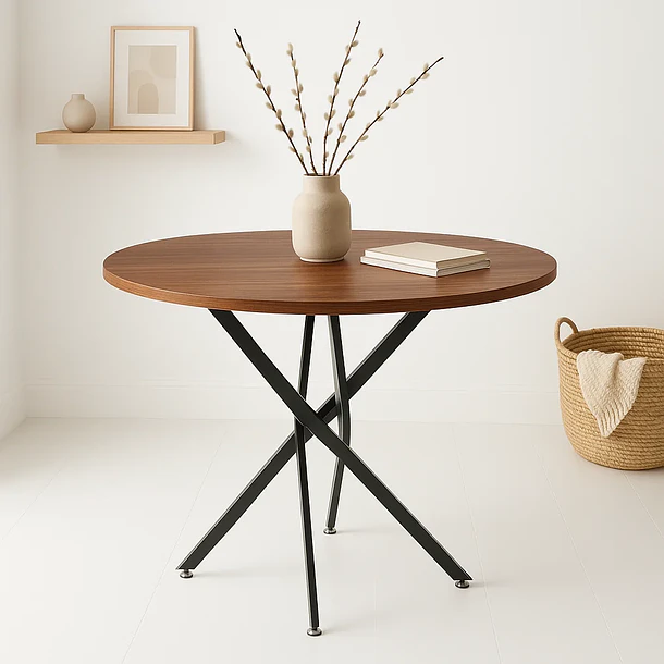 Mesa de comedor redonda 100cm color Madera Oscura Walnut enrejada 3