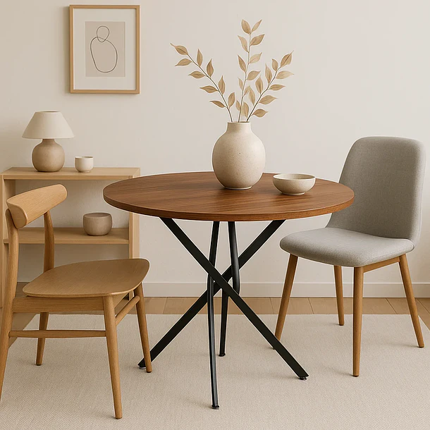 Mesa de comedor redonda 100cm color Madera Oscura Walnut enrejada 4