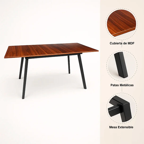 Mesa extensible 120 a 160 cm, ancho 80cm Madera Oscura Walnut 6