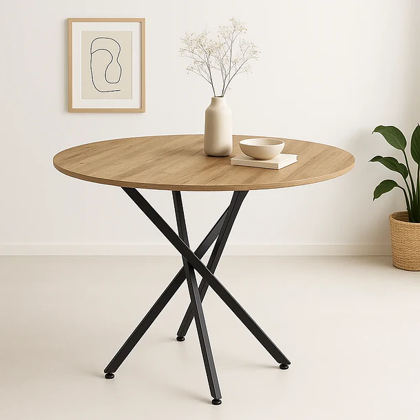 Mesa de comedor redonda 100cm color madera clara enrejada 4