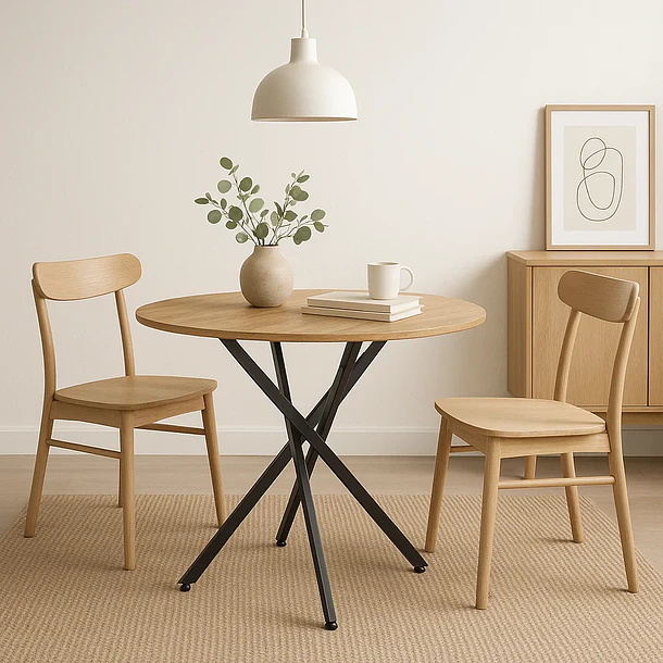Mesa de comedor redonda 100cm color madera clara enrejada 5
