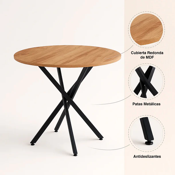Mesa de comedor redonda 100cm color madera clara enrejada 8