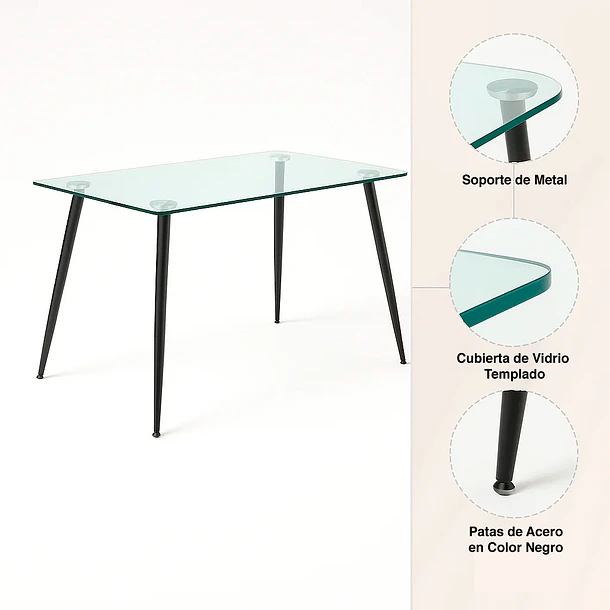 Mesa de Comedor Vidrio Rectangular 120x70 - Patas Oscuras 7