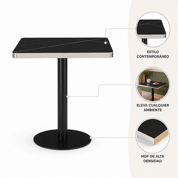 Mesa Parisina 70x70 Negra Ribete Plateado 5