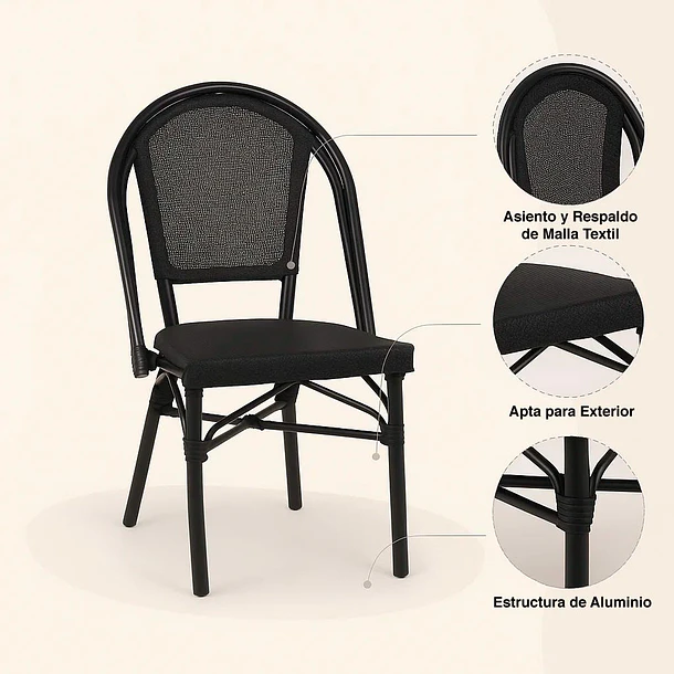Pack de 4 Sillas Bistro Parisina Textileno - Negro 5