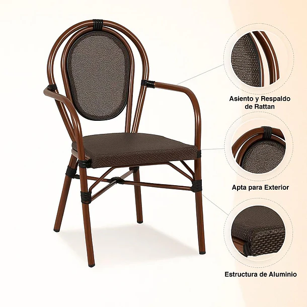 Pack de 4 Sillas Provence Parisina Rattan con reposabrazos - Café Oscuro 5