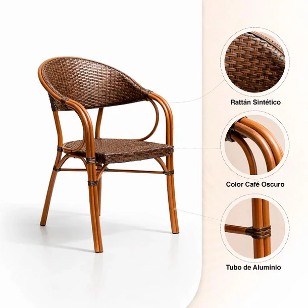 Pack de 4 Sillas Bistro Parisina Rattan con reposabrazos Jolie - Café Oscuro 5