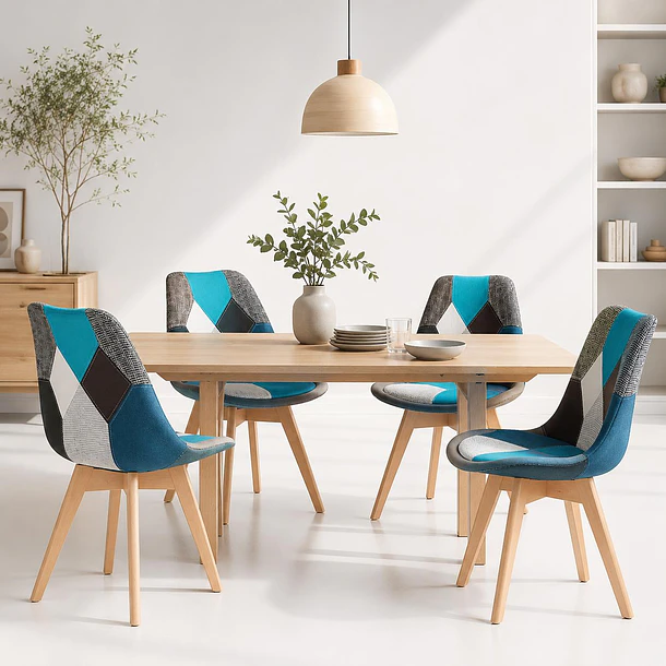 Pack de 4 Sillas patchwork wood celeste 2