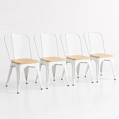 Pack de 4 Sillas Tolix con asiento de madera clara - Blanca