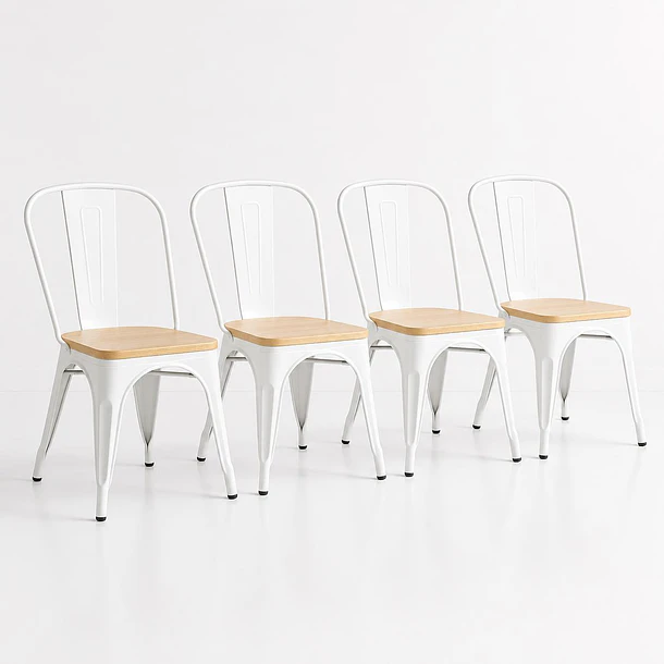 Pack de 4 Sillas Tolix con asiento de madera clara - Blanca 1