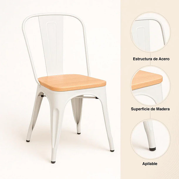 Pack de 4 Sillas Tolix con asiento de madera clara - Blanca 5