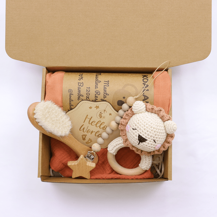 Set regalo recién nacido CLASSIC (6 ítems: manta suave 70% bambú, 30% algodón, sonajero, cuelga chupete, babero, adorno madera) 7