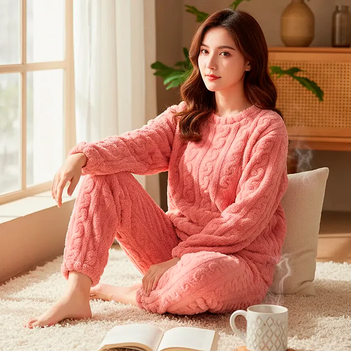 Pijama Conjunto Polar Unisex Trenzado Invierno Peludo Suave 7