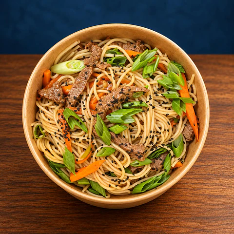 Bowl de pasta salteada al teriyaki