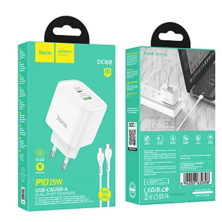 Hoco Cargador Carga Rapida Dc68 25w + Cable Tipo C Blanco 1