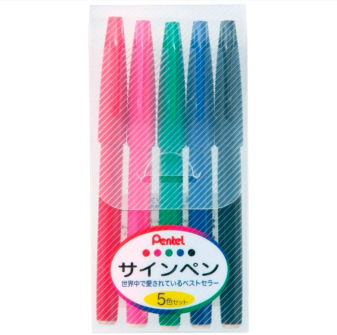 JUEGO DE BOLÍGRAFOS A BASE DE AGUA PENTEL SIGN PEN DE 5 COLORES, NEGRO, ROJO, AZUL, VERDE Y ROSADO. 1