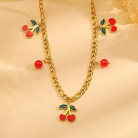 Set Collar + Aretes Cherry Charm de Acero Inoxidable